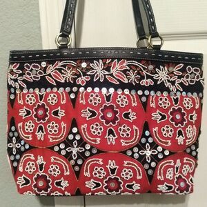 Isabella Fiori Beaded Sequined Canvas Leather Black Red Handbag Tote Bag
